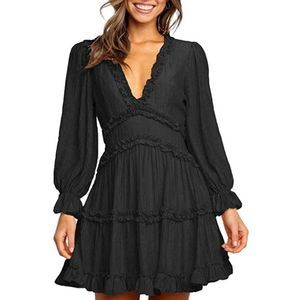 Black Long Sleeve Ruffle Layer Backless Swing Mini Dress
